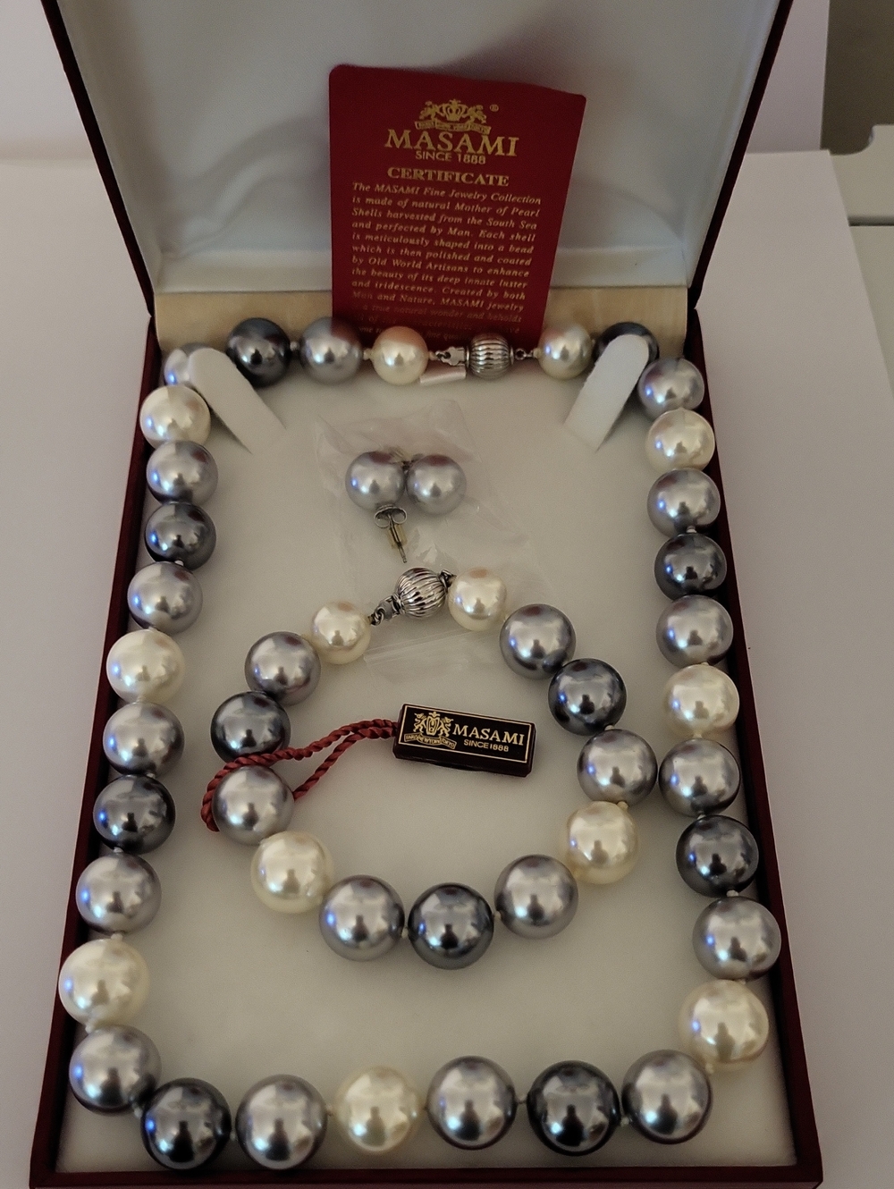 Three-Tone Pearl Necklace, Bracelet &  Ear Ring Set — Black, Silver and Cream